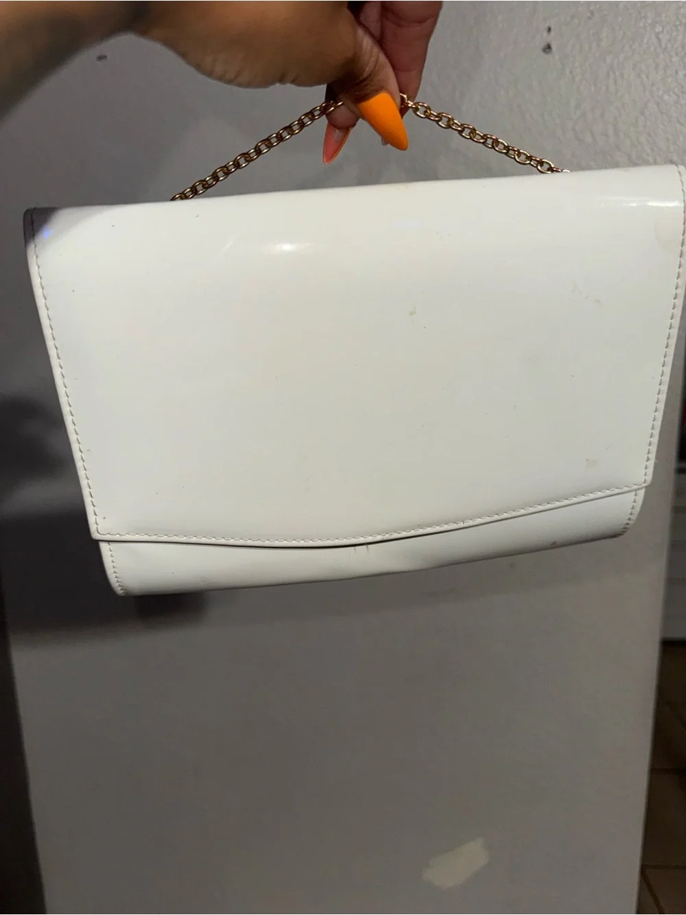 White Patent Chain-Handle Shoulder Bag